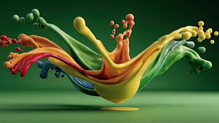 Dynamic splash of colorful liquid paints creating abstract art against green backdrop - Powered by Adobe