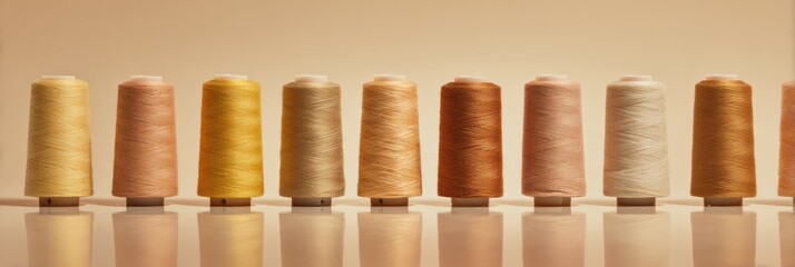 National Sewing Machine Day Celebration with Earth Tone Thread Bobbins on Reflective Surface for Fall Crafting, Thanksgiving and Black Friday Marketing Trends