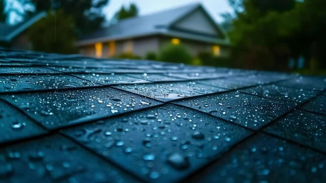 A close-up of a wet roof with rain droplets, set against a blurred, dimly lit background of a house.