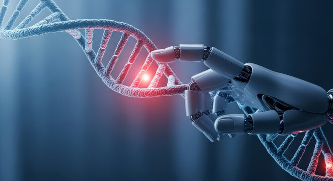Robotic Hand Interacting With A Glowing DNA Strand In A Dark Blue Illuminated Scientific Scene