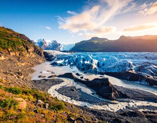 A melting glacier with cracks and water flowing, symbolizing climate change.