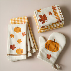 Autumn kitchen textiles with pumpkin and leaf patterns create a cozy fall atmosphere for baking and cooking Generative AI