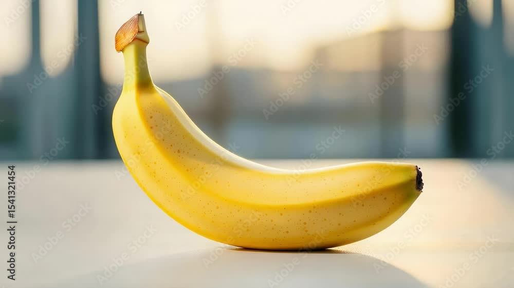 Poster a single ripe banana resting on a surface, with a blurred background and soft lighting.