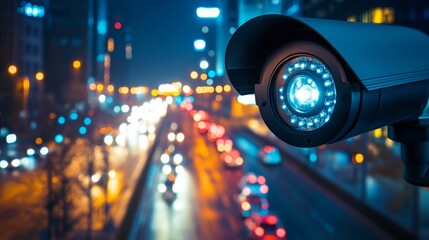 CCTV camera overlooking a city street interpart, night time with car headlights