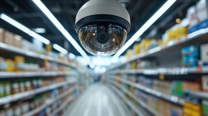Ceiling-mounted CCTV dome camera in a retail store, wide-angle view of aisles
