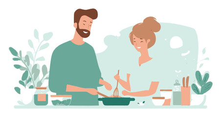 Fototapeta premium Happy Couple Cooking Together in Cozy Kitchen Setting with Greenery