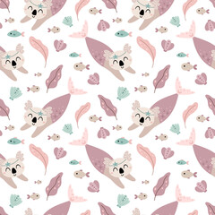Cute mermaid seamless pattern. Adorable sea pattern for kids. Whimsical ocean paper, hand drawn vector design in flat style