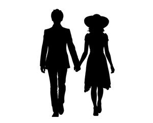 Silhouette of a couple, a man and a woman standing holding hands	