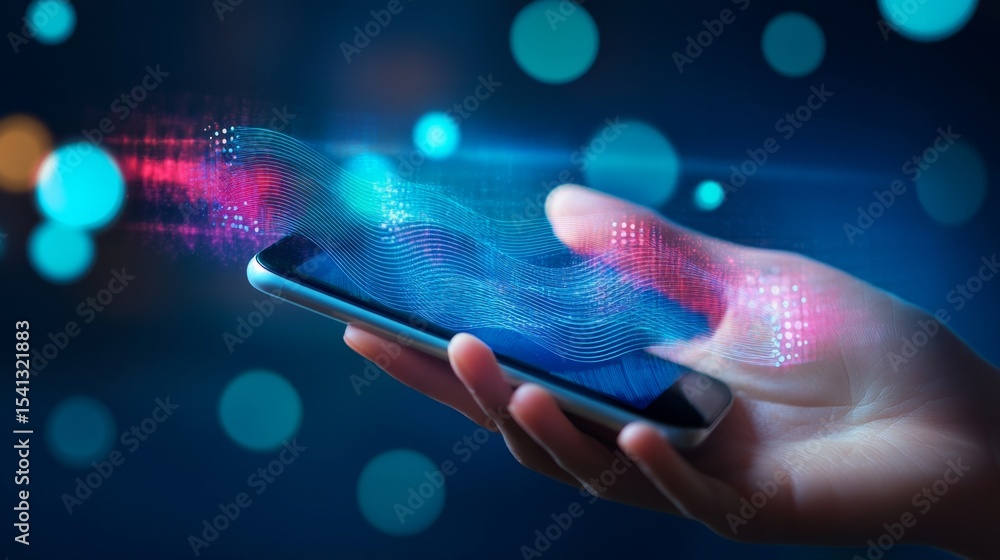 Poster hand holding mobile device with floating ai screen showing voice recognition waveform