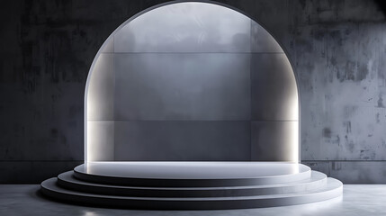 A minimalist concrete podium with an arched backdrop provides a modern stage for product display or presentation in a studio setting