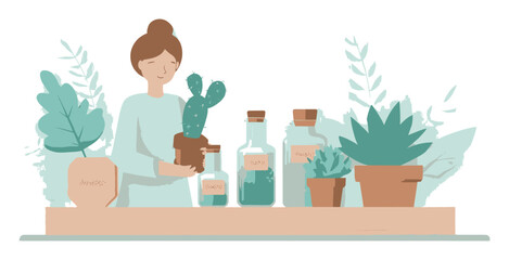 Woman Caring for Indoor Plants with Tools and Greenery in a Modern Style