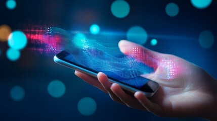 Hand holding mobile device with floating AI screen showing voice recognition waveform