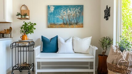 Quaint kitchen corner with white bench, blue art, and a metal cart. Decor mixes retro and modern styles with a bright, homey feel.