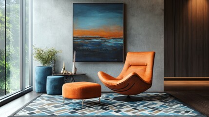 Rust-toned chair and pouf, abstract art, and sculptural decor make a cozy space. Soft blues and geometric rugs complete the look.