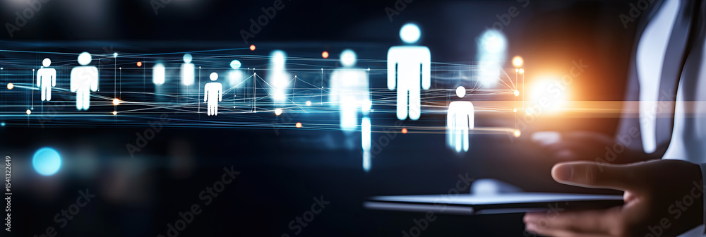 Poster professional hand holds smartphone displaying illuminated human connection networks in digital space