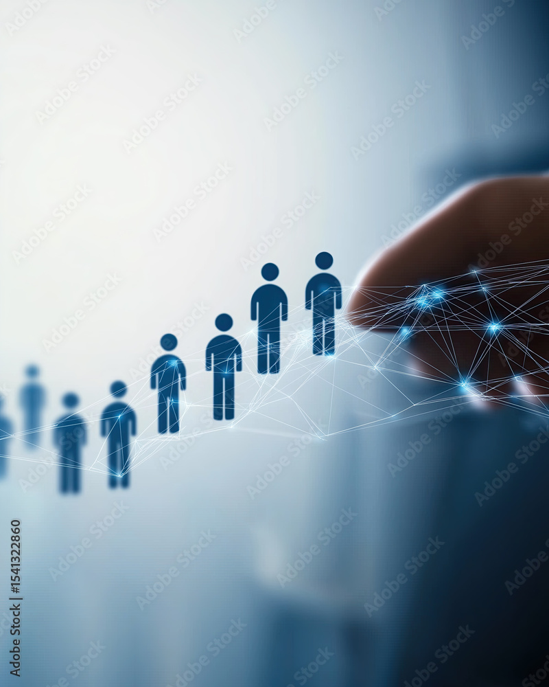 Poster finger points toward illuminated human figures connected by sophisticated digital networking pattern