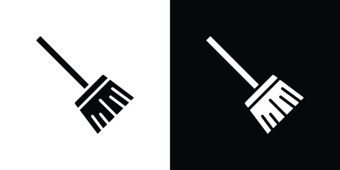 Broom icon in flat black solid vector set
