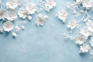 Pastel Blue Background with White Blossoms and Embossed Card