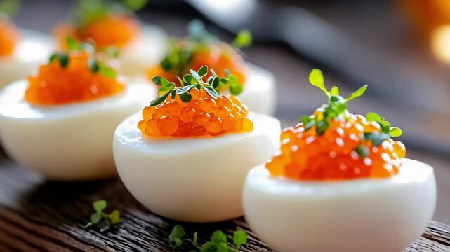 A gourmet dish featuring halved boiled eggs topped with orange caviar and garnished with microgreens.