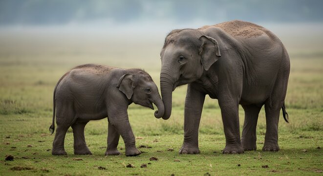 A baby elephant gently holding its mother's trunk as they walk across a grassy field. Soft lighting, emotional scene, symbol of love and family bonding. Ideal for wildlife awareness themes.