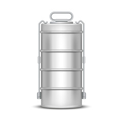 Stainless steel tiffin carrier with four containers front view isolated on white background realistic 3d vector, dabbas traditional food storage used in India and Asia.