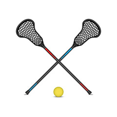 Crossed two of black lacrosse sticks and yellow ball realistic 3d vector isolated on white background front view, lacrosse sport equipment composition for competition poster or banner.