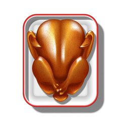 Roasted whole chicken with crispy brown skin served on white tray with red rim top view isolated on white background, realistic 3d vector illustration for cookbook, thanksgiving, food packaging.
