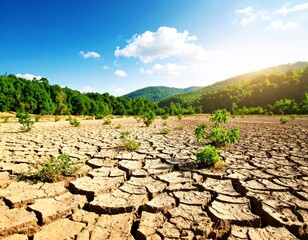 A dry desert with cracked land slowly transforming into a green forest