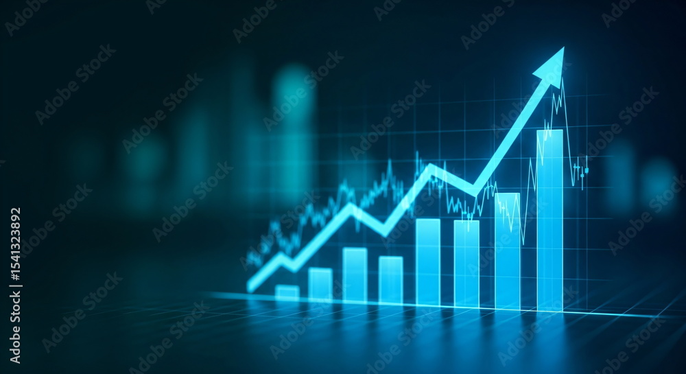 Poster conceptual financial chart with candle stick and bar graphs on dark background. business growth visu