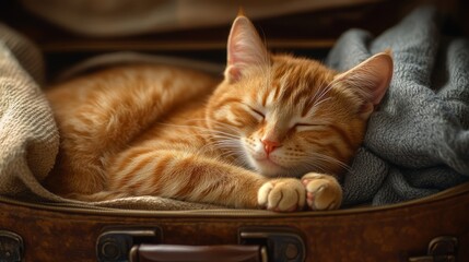 a ginger tabby cat curled up and napping inside an open brown suitcase lined with soft clothing