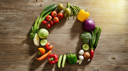 Fresh vegetables arranged in a circle, showcasing natural harmony and balanced nutrition