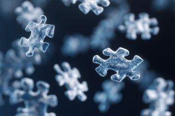 Scattered blue puzzle pieces create abstract pattern suggesting incomplete solutions awaiting assembly.
