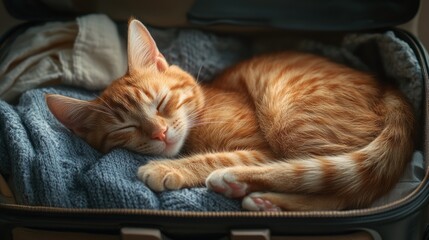 orange tabby cat peacefully curled up on a soft blue knitted sweater inside an open suitcase