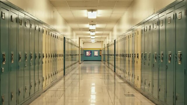 Empty Hallway of a School or College with Rows of Green and Yellow Lockers and Fluorescent Lights