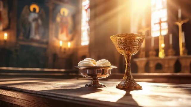 A golden chalice and a silver bowl with bread, illuminated by sunlight inside a church with stained glass windows.