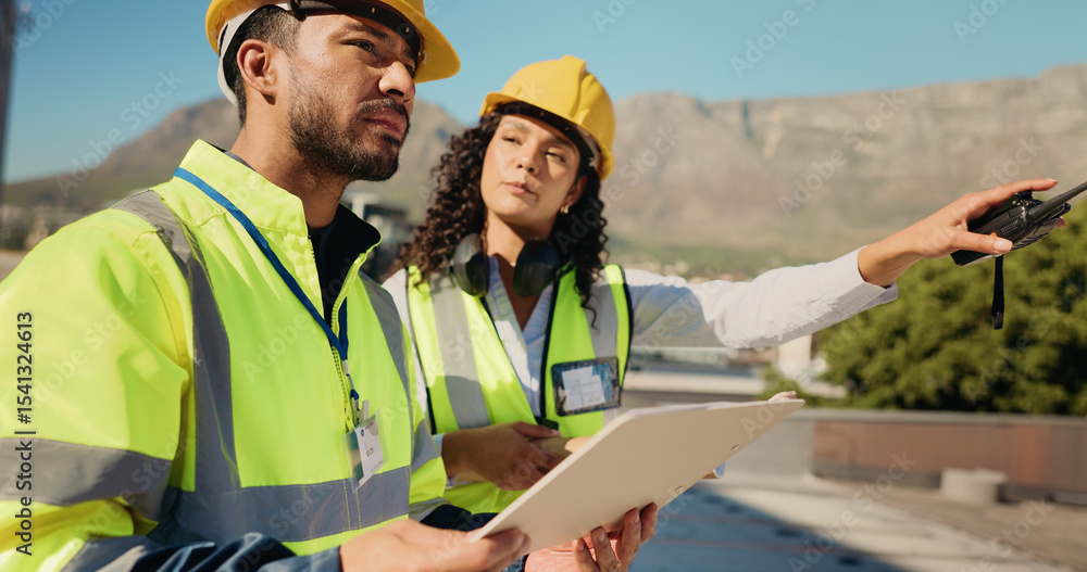 Poster brainstorming, people or contractor on roof with checklist for architecture project or building. blu