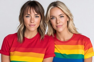Two smiling women wearing rainbow t shirts celebrating pride month