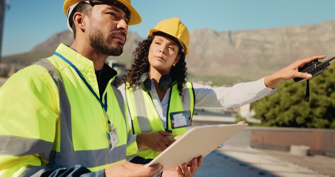 Brainstorming, people or contractor on roof with checklist for architecture project or building. Blueprint, engineering or builder in city planning for installation, teamwork and renovation ideas