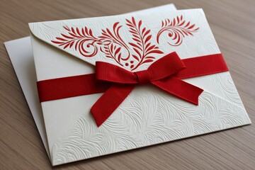 Elegant white envelope with red ribbon and floral design embossed