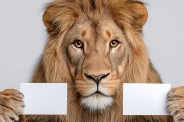 Majestic lion holding two blank business cards on gray background
