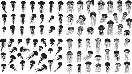 Jellyfish Silhouettes Vector Set, Ocean and Sea Creature Graphic Elements.