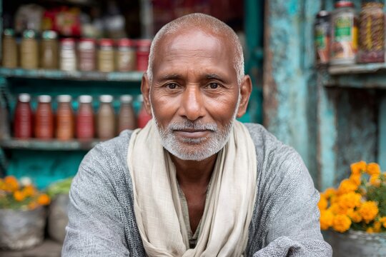 Indian shopkeeper smiling in front of his grocery store