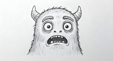 Obraz premium A Detailed Pencil Sketch of a Frightened Monster with Horns and Wide Eyes