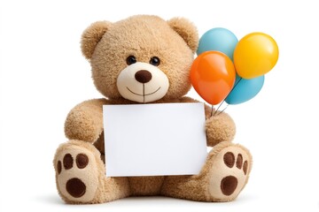 Brown teddy bear holding balloons and blank sign on white background