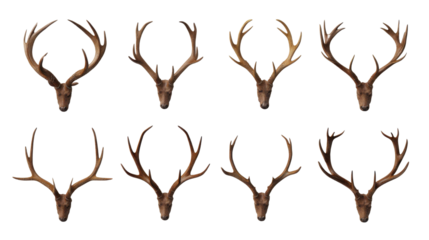Two lines of antlers arranged symmetrically in parallel rows from wild animals isolated on white background
