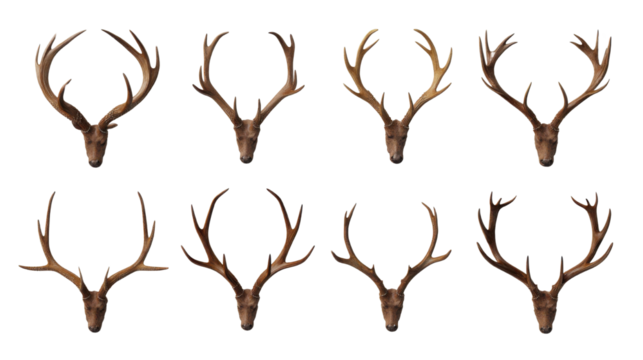 Two lines of antlers arranged symmetrically in parallel rows from wild animals isolated on white background