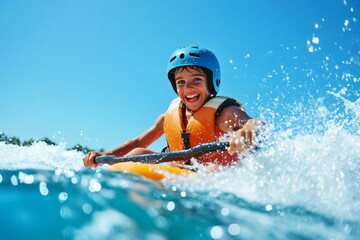Happy child kayaking in the sea on a sunny day
