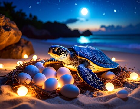 A nest of sea turtle eggs hatching on a sandy beach at night.