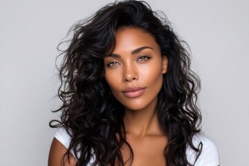 Beautiful mixed race fashion model posing with long black curly hair