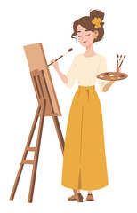 Fototapeta premium Artistic Woman Painting on Canvas in Sunny Studio with Palette and Brushes